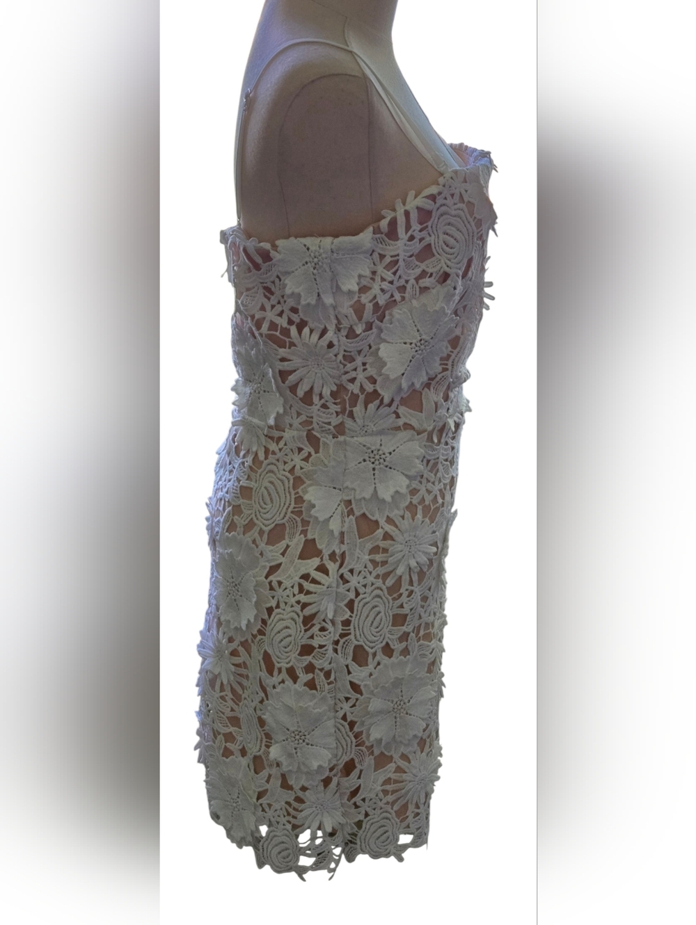 NWT~ Just Me 3D Floral Appliqué Crochet Lace Mini Dress in White/Nude - Picture 5 of 13